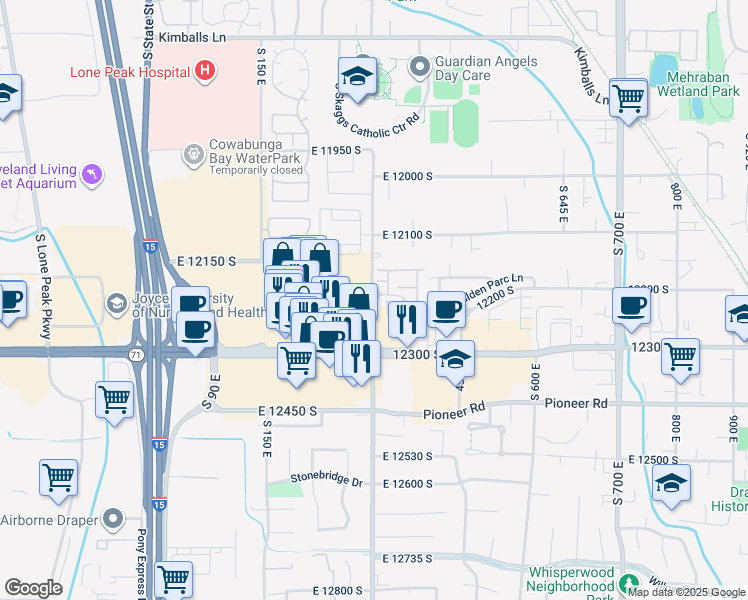 map of restaurants, bars, coffee shops, grocery stores, and more near 12201 South 300 East in Draper