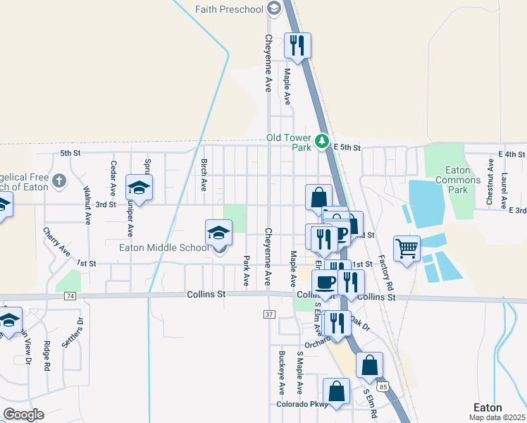map of restaurants, bars, coffee shops, grocery stores, and more near 228 Cheyenne Avenue in Eaton