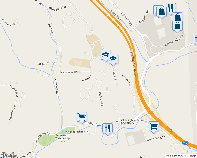map of restaurants, bars, coffee shops, grocery stores, and more near 124 Rebecca Drive in Pittsburgh