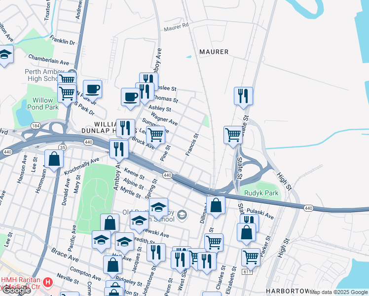 map of restaurants, bars, coffee shops, grocery stores, and more near 356 Leon Avenue in Perth Amboy
