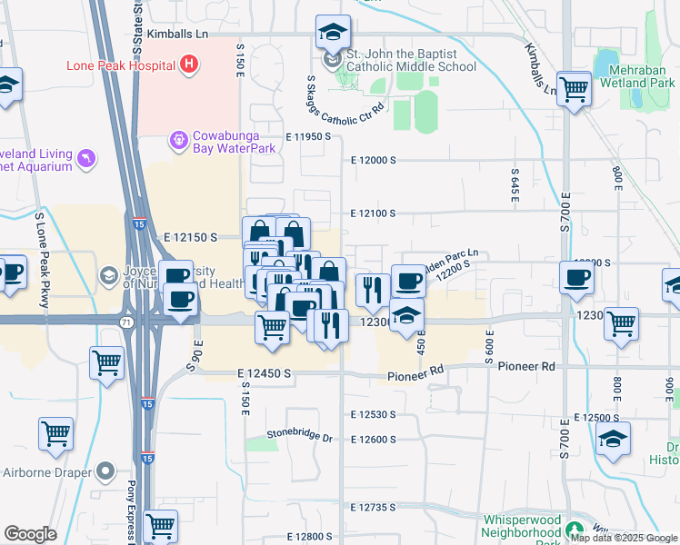 map of restaurants, bars, coffee shops, grocery stores, and more near 12200 South 300 East in Draper