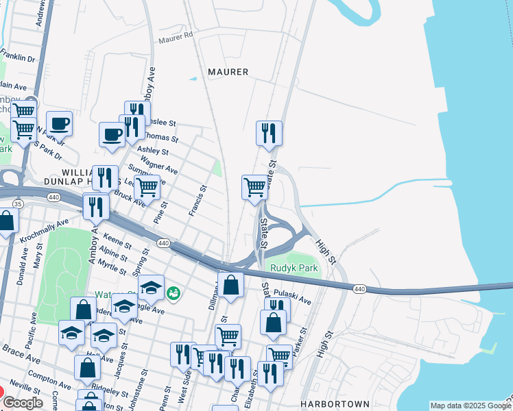 map of restaurants, bars, coffee shops, grocery stores, and more near 915 State Street in Perth Amboy
