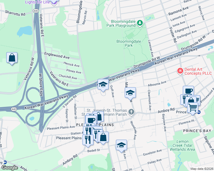 map of restaurants, bars, coffee shops, grocery stores, and more near 1880 Drumgoole Road East in Staten Island
