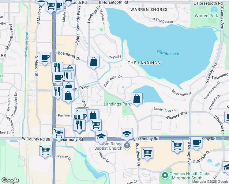 map of restaurants, bars, coffee shops, grocery stores, and more near 4240 Breakwater Court in Fort Collins