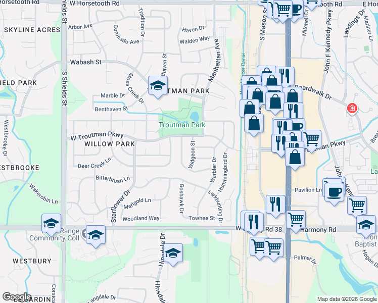 map of restaurants, bars, coffee shops, grocery stores, and more near 4225 Widgeon Street in Fort Collins
