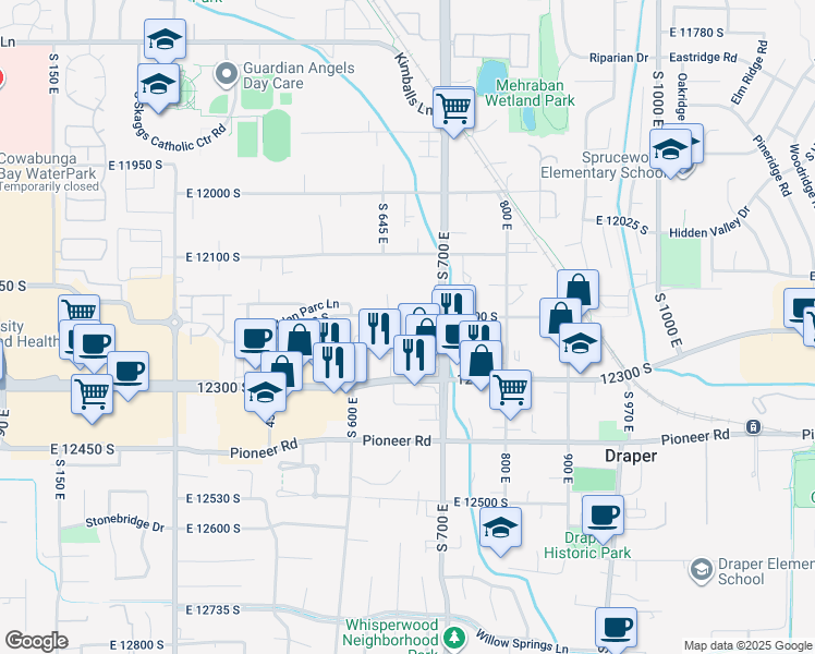 map of restaurants, bars, coffee shops, grocery stores, and more near 12214 South 670 East in Draper
