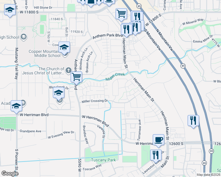 map of restaurants, bars, coffee shops, grocery stores, and more near 12256 South Croyden Lane in Herriman