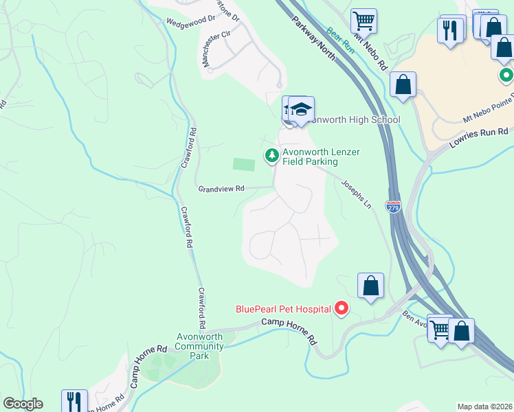 map of restaurants, bars, coffee shops, grocery stores, and more near 110 Renee Court in Pittsburgh