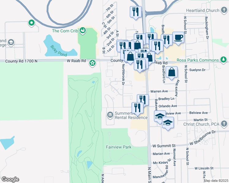 map of restaurants, bars, coffee shops, grocery stores, and more near 700 South Golfcrest Road in Normal