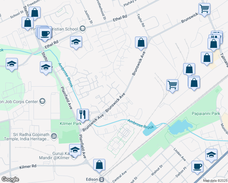 map of restaurants, bars, coffee shops, grocery stores, and more near 2105 Merrywood Drive in Edison