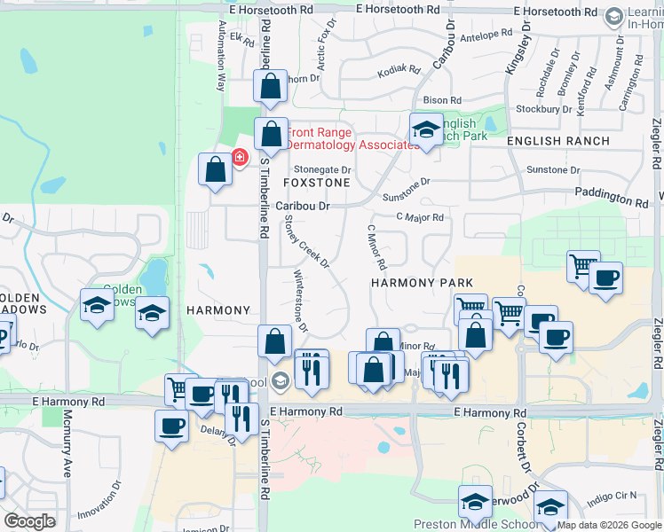 map of restaurants, bars, coffee shops, grocery stores, and more near 4292 Stoney Creek Drive in Fort Collins
