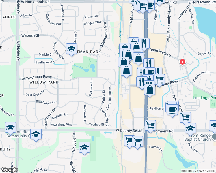 map of restaurants, bars, coffee shops, grocery stores, and more near 4219 Hummingbird Drive in Fort Collins