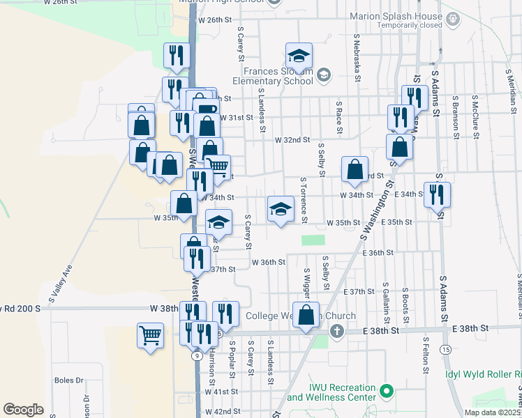 map of restaurants, bars, coffee shops, grocery stores, and more near 3414 South Landess Street in Marion