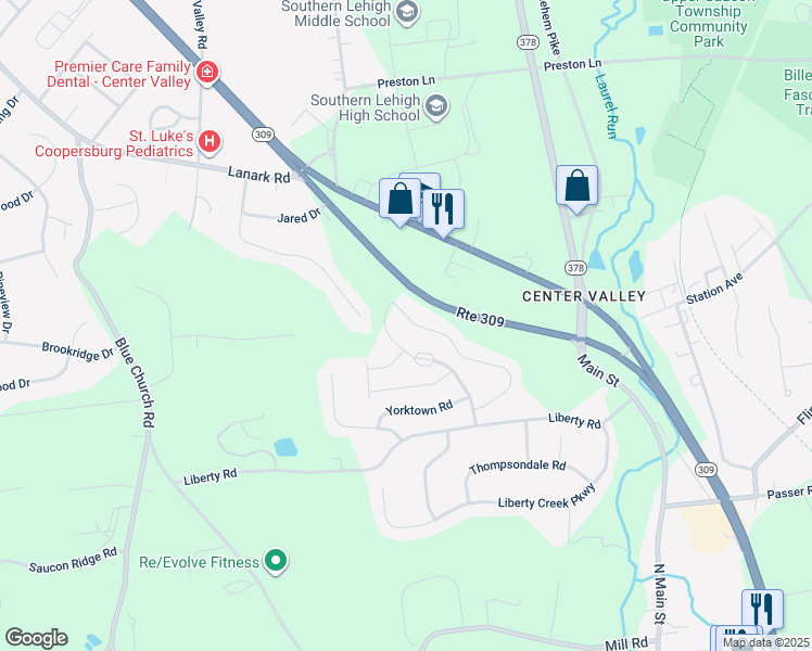 map of restaurants, bars, coffee shops, grocery stores, and more near 5960 Valley Forge Drive in Coopersburg