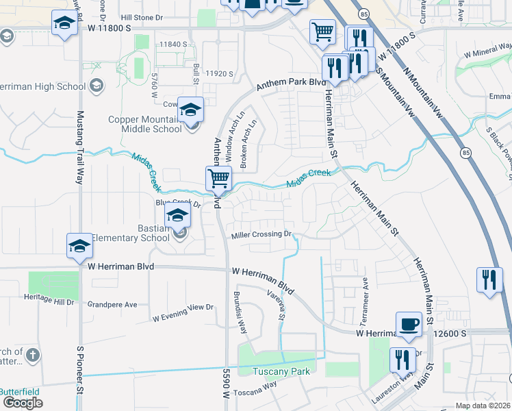 map of restaurants, bars, coffee shops, grocery stores, and more near 5489 Copper Gulch Lane in Herriman