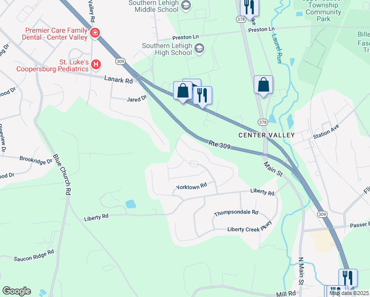 map of restaurants, bars, coffee shops, grocery stores, and more near 5940 Valley Forge Drive in Coopersburg