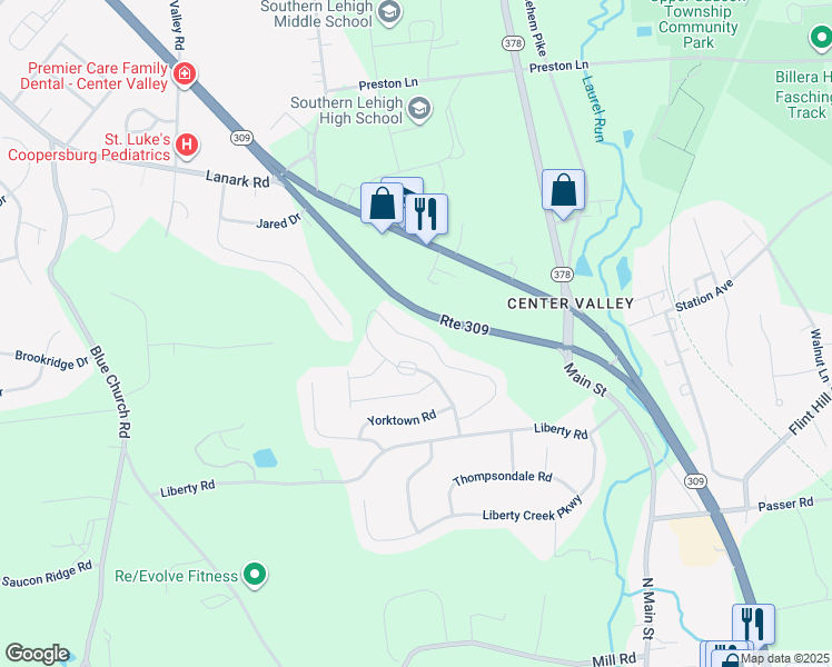 map of restaurants, bars, coffee shops, grocery stores, and more near 5973 Valley Forge Drive in Coopersburg