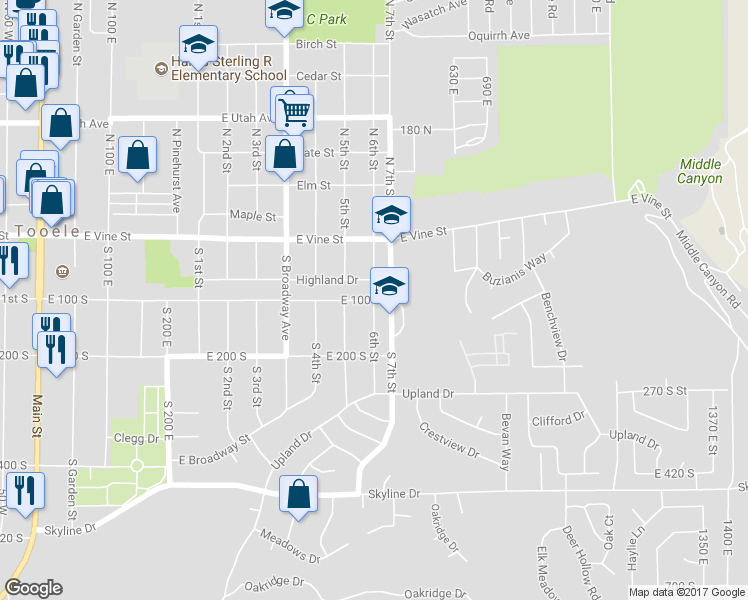 map of restaurants, bars, coffee shops, grocery stores, and more near 499 East 100 South in Tooele
