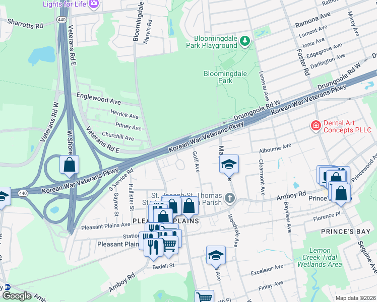 map of restaurants, bars, coffee shops, grocery stores, and more near 1880 Drumgoole Road East in Staten Island