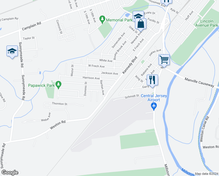 map of restaurants, bars, coffee shops, grocery stores, and more near 1204 Kennedy Boulevard in Manville