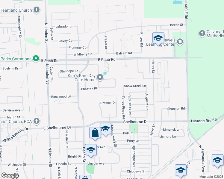 map of restaurants, bars, coffee shops, grocery stores, and more near 815 Phaeton Place in Normal