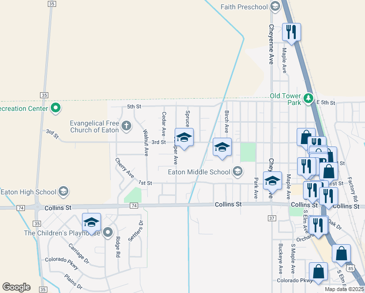 map of restaurants, bars, coffee shops, grocery stores, and more near 225 Juniper Avenue in Eaton