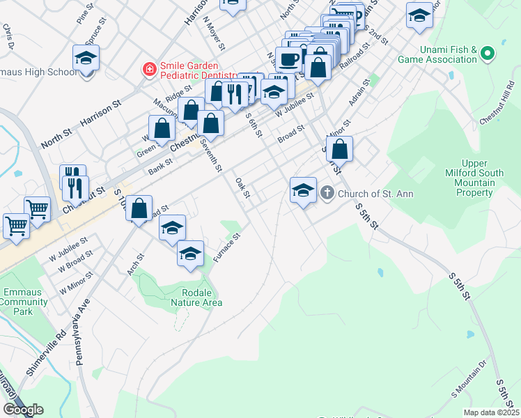 map of restaurants, bars, coffee shops, grocery stores, and more near 658 Furnace Street in Emmaus