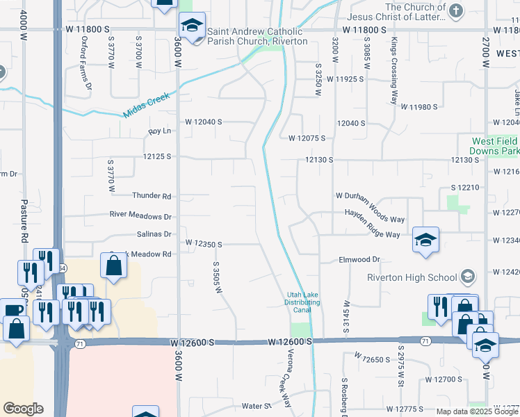 map of restaurants, bars, coffee shops, grocery stores, and more near 12243 Janice Drive in Riverton