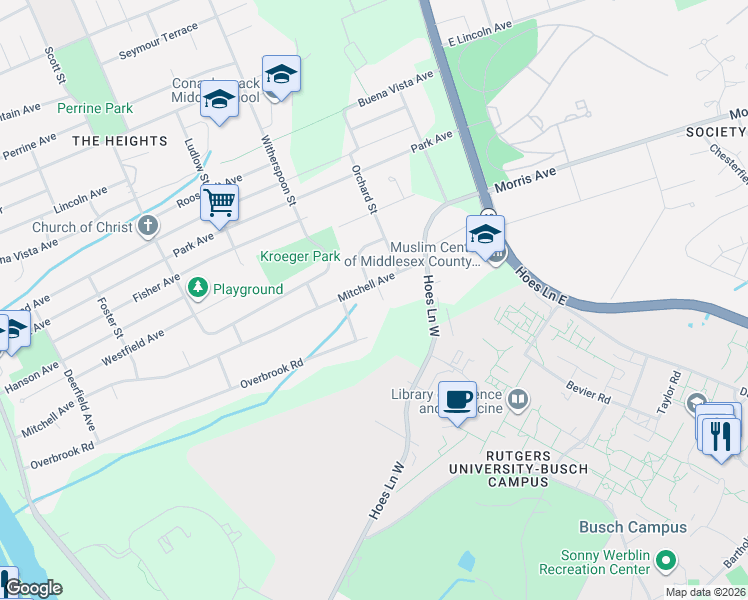 map of restaurants, bars, coffee shops, grocery stores, and more near 3 Dewey Court in Piscataway