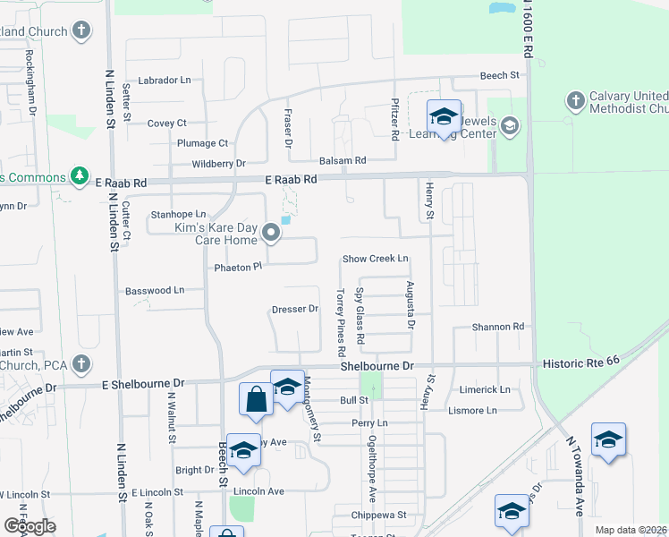 map of restaurants, bars, coffee shops, grocery stores, and more near 1603 Torrey Pines Road in Normal