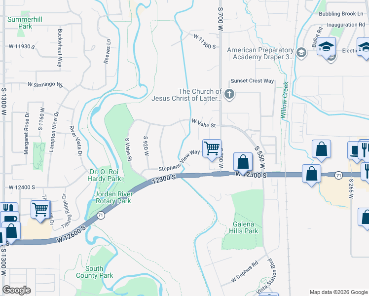 map of restaurants, bars, coffee shops, grocery stores, and more near 12193 Jerema Court in Draper