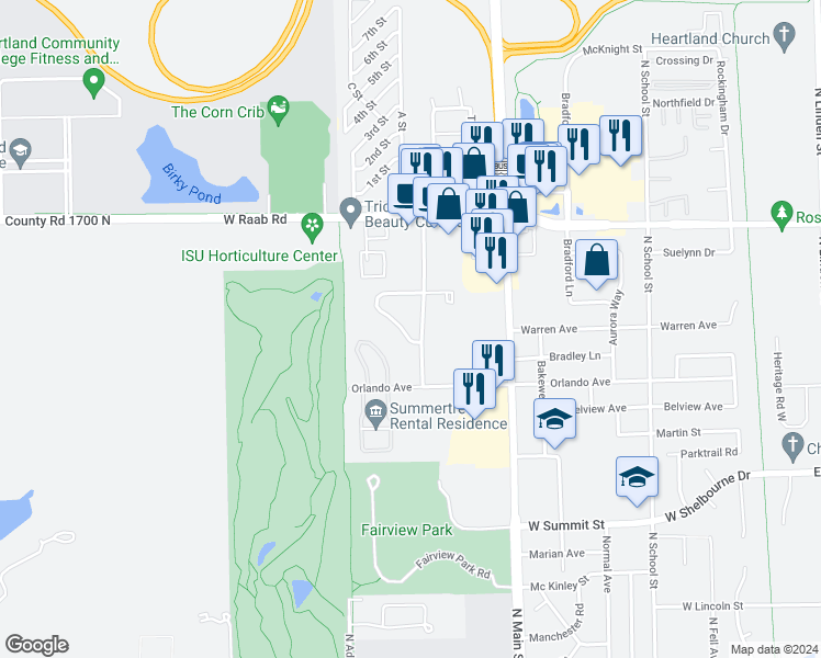 map of restaurants, bars, coffee shops, grocery stores, and more near 700 South Golfcrest Road in Normal