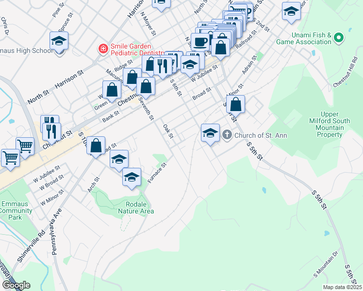 map of restaurants, bars, coffee shops, grocery stores, and more near 658 Furnace Street in Emmaus