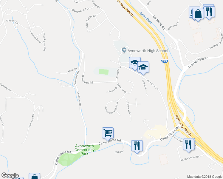 map of restaurants, bars, coffee shops, grocery stores, and more near 110 Renee Court in Pittsburgh