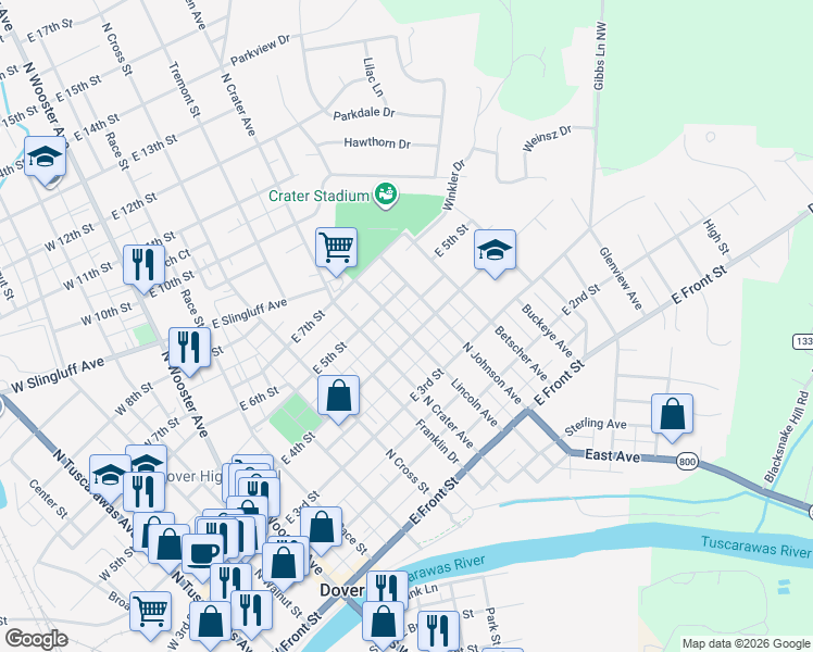 map of restaurants, bars, coffee shops, grocery stores, and more near 607 East 4th Street in Dover