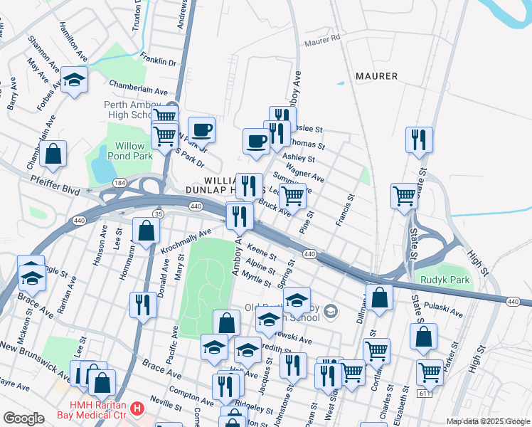 map of restaurants, bars, coffee shops, grocery stores, and more near 859 Hickory Street in Perth Amboy