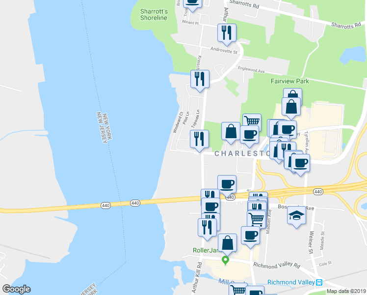 map of restaurants, bars, coffee shops, grocery stores, and more near 49 Chart Loop in Staten Island