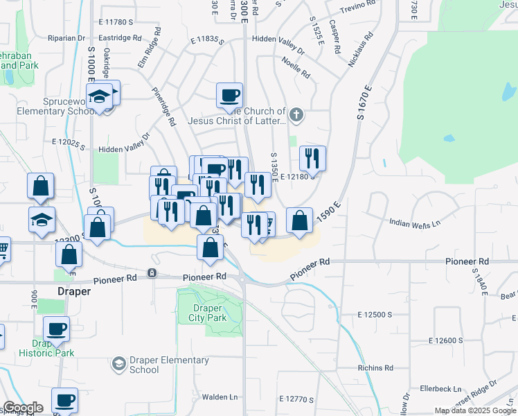 map of restaurants, bars, coffee shops, grocery stores, and more near 1350 East 12300 South in Draper