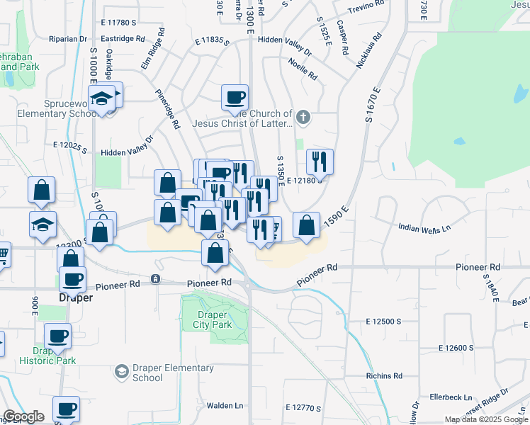 map of restaurants, bars, coffee shops, grocery stores, and more near 12243 Draper Gate Drive in Draper