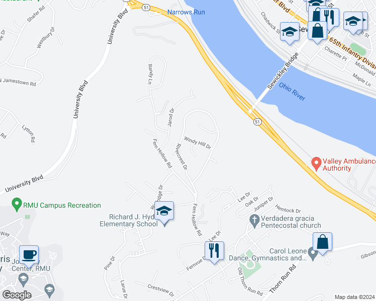 map of restaurants, bars, coffee shops, grocery stores, and more near 304 Sunlight Drive in Coraopolis