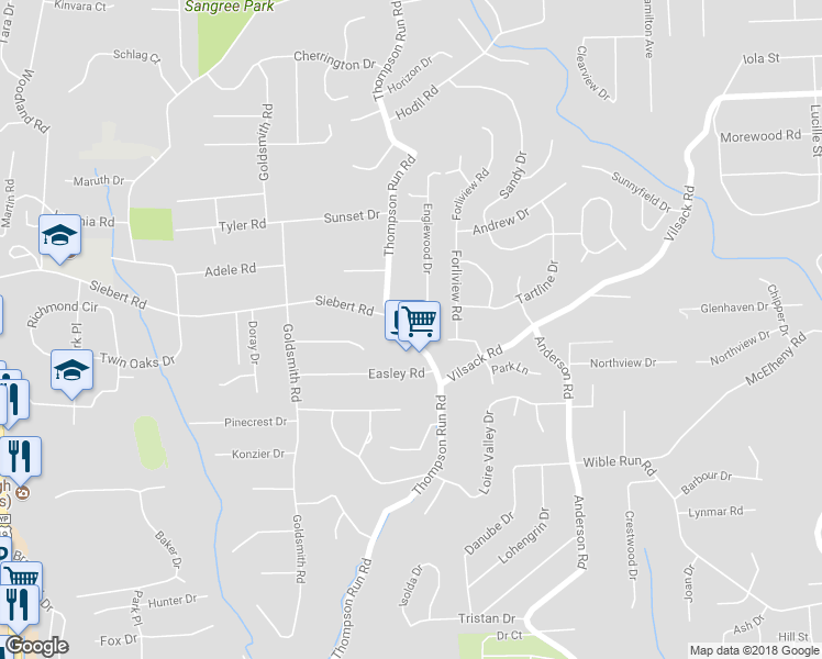 map of restaurants, bars, coffee shops, grocery stores, and more near 340 Thompson Run Road in Pittsburgh