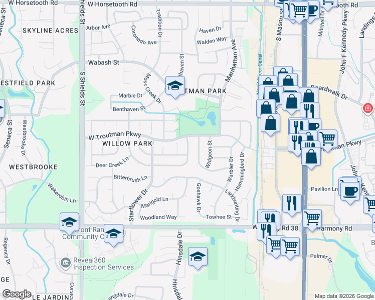 map of restaurants, bars, coffee shops, grocery stores, and more near 4225 Table Mountain Place in Fort Collins