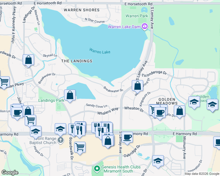map of restaurants, bars, coffee shops, grocery stores, and more near 930 Breakwater Drive in Fort Collins