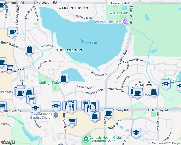 map of restaurants, bars, coffee shops, grocery stores, and more near 930 Breakwater Drive in Fort Collins