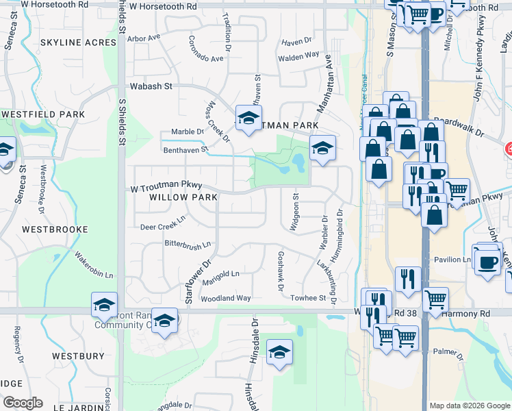 map of restaurants, bars, coffee shops, grocery stores, and more near 4230 Table Mountain Place in Fort Collins