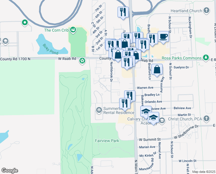 map of restaurants, bars, coffee shops, grocery stores, and more near 700 South Golfcrest Road in Normal