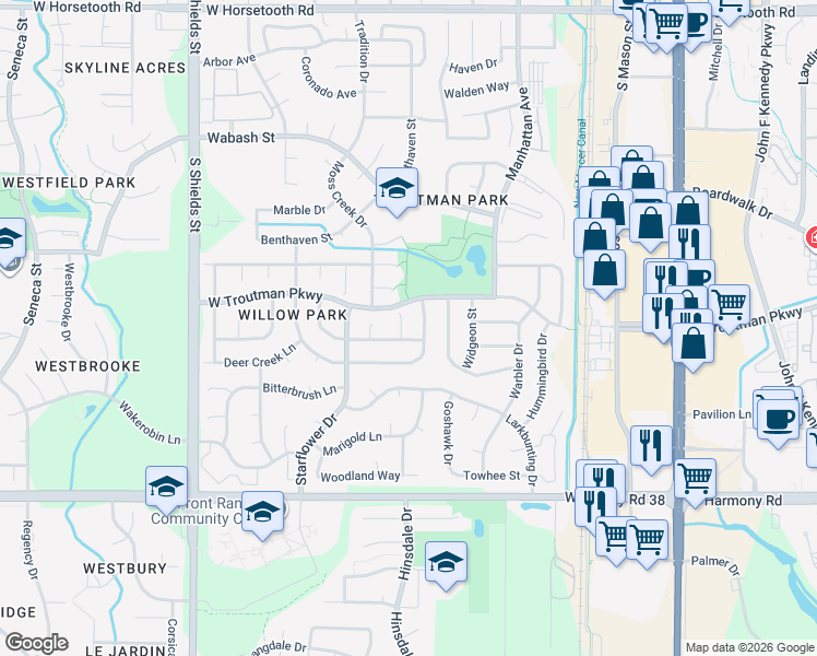 map of restaurants, bars, coffee shops, grocery stores, and more near 4230 Table Mountain Place in Fort Collins