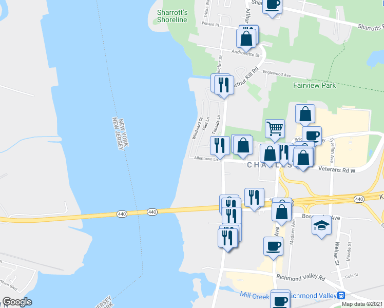 map of restaurants, bars, coffee shops, grocery stores, and more near 66 Chart Loop in Staten Island