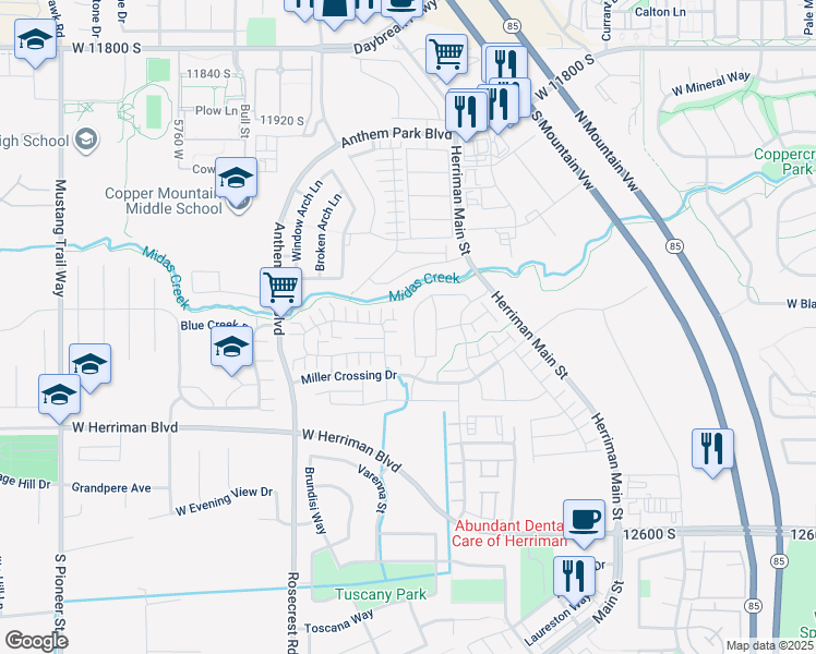 map of restaurants, bars, coffee shops, grocery stores, and more near 12248 South Croyden Lane in Herriman