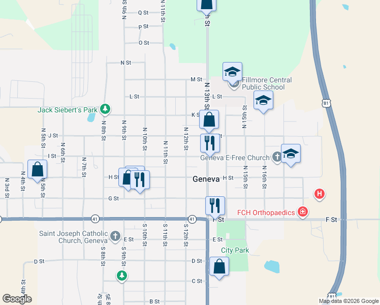 map of restaurants, bars, coffee shops, grocery stores, and more near 1210 I Street in Geneva